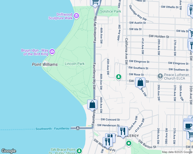 map of restaurants, bars, coffee shops, grocery stores, and more near 8324 Fauntleroy Way Southwest in Seattle