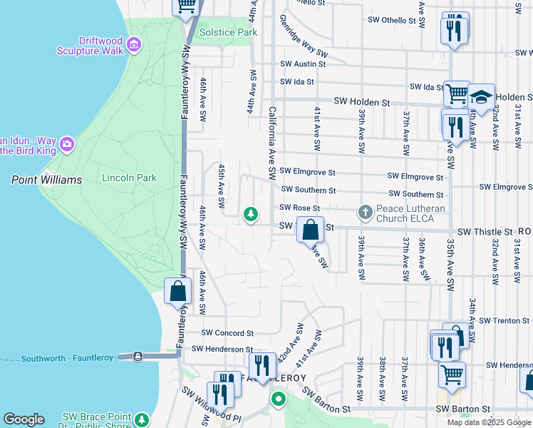 map of restaurants, bars, coffee shops, grocery stores, and more near 8309 California Avenue Southwest in Seattle