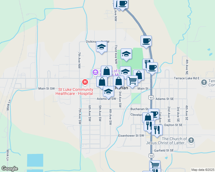 map of restaurants, bars, coffee shops, grocery stores, and more near 404 Main Street Southwest in Ronan