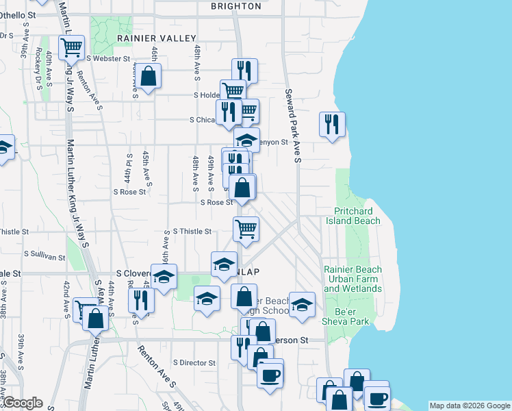 map of restaurants, bars, coffee shops, grocery stores, and more near 5103 South Rose Street in Seattle