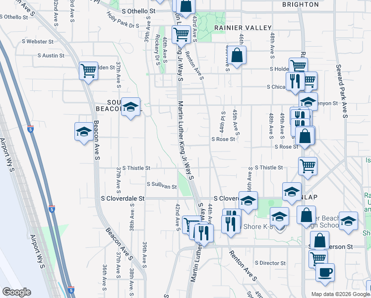 map of restaurants, bars, coffee shops, grocery stores, and more near 8301 42nd Place South in Seattle