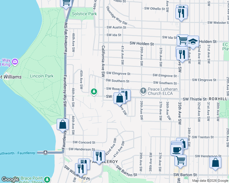 map of restaurants, bars, coffee shops, grocery stores, and more near 4139 Southwest Rose Street in Seattle