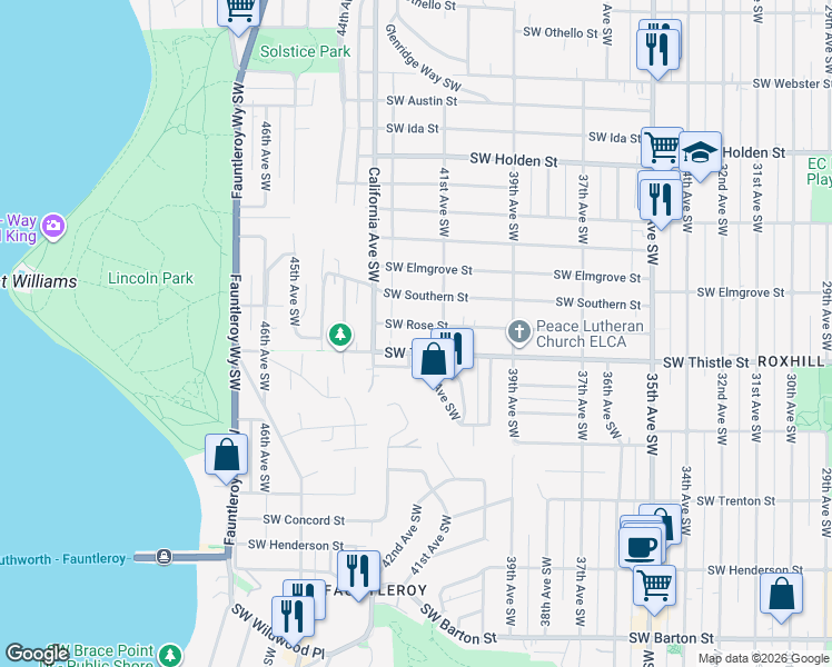 map of restaurants, bars, coffee shops, grocery stores, and more near 4139 Southwest Rose Street in Seattle
