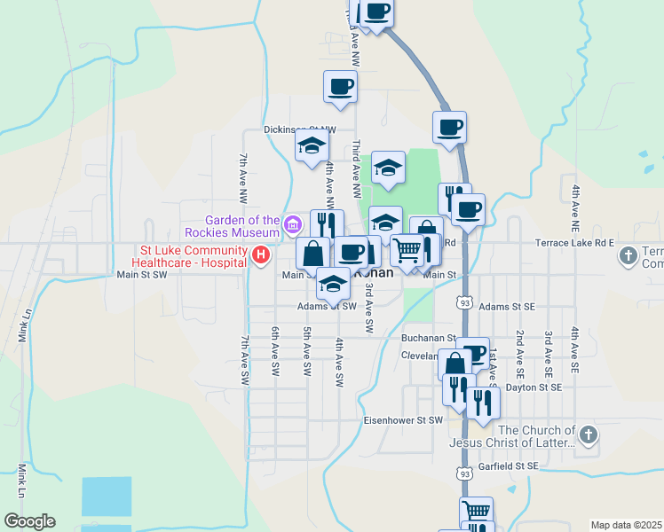 map of restaurants, bars, coffee shops, grocery stores, and more near 404 Main Street Southwest in Ronan