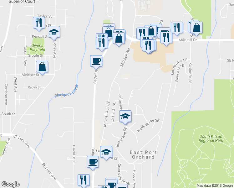 map of restaurants, bars, coffee shops, grocery stores, and more near 2134 Jefferson Avenue Southeast in Port Orchard