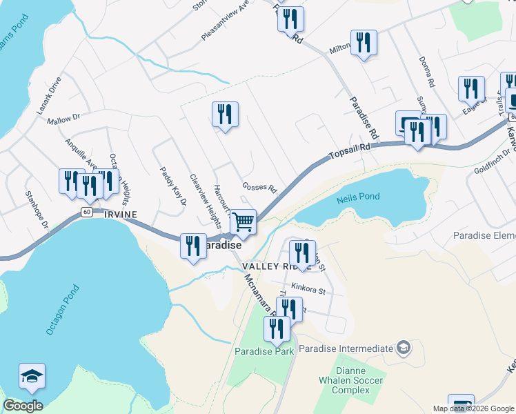 map of restaurants, bars, coffee shops, grocery stores, and more near 1582 Topsail Road in Paradise