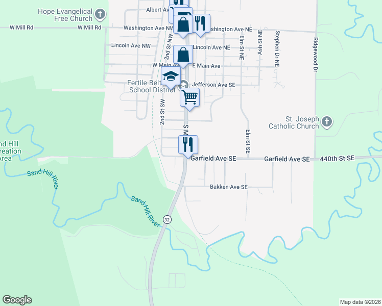map of restaurants, bars, coffee shops, grocery stores, and more near 509 South Mill Street in Fertile