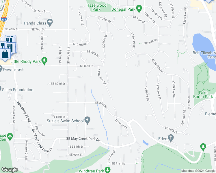 map of restaurants, bars, coffee shops, grocery stores, and more near 8220 121st Avenue Southeast in Newcastle
