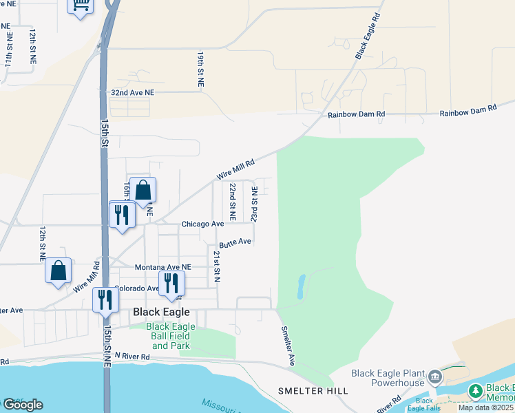 map of restaurants, bars, coffee shops, grocery stores, and more near 616 23rd Street Northeast in Black Eagle