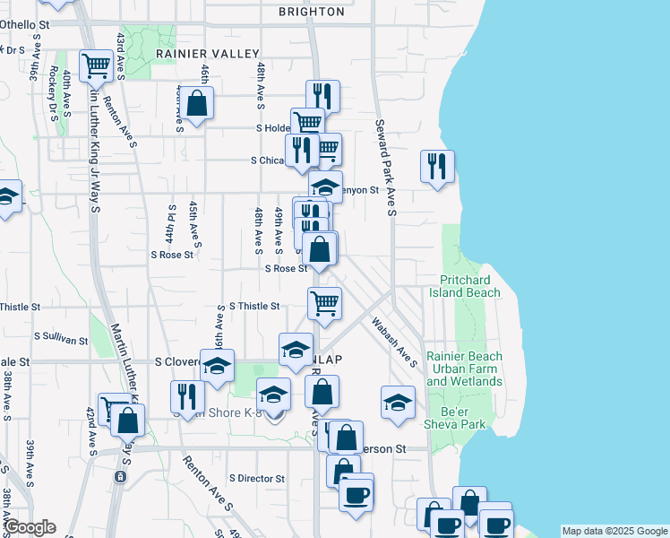 map of restaurants, bars, coffee shops, grocery stores, and more near 5103 South Rose Street in Seattle