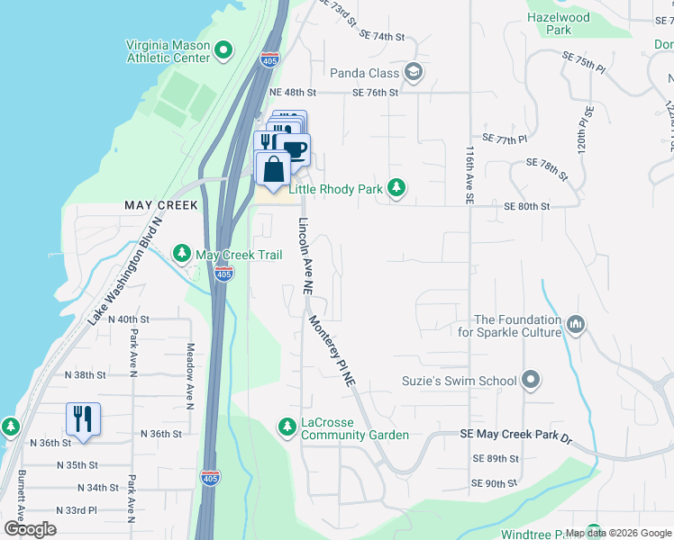 map of restaurants, bars, coffee shops, grocery stores, and more near 4130 Aberdeen Way Northeast in Renton