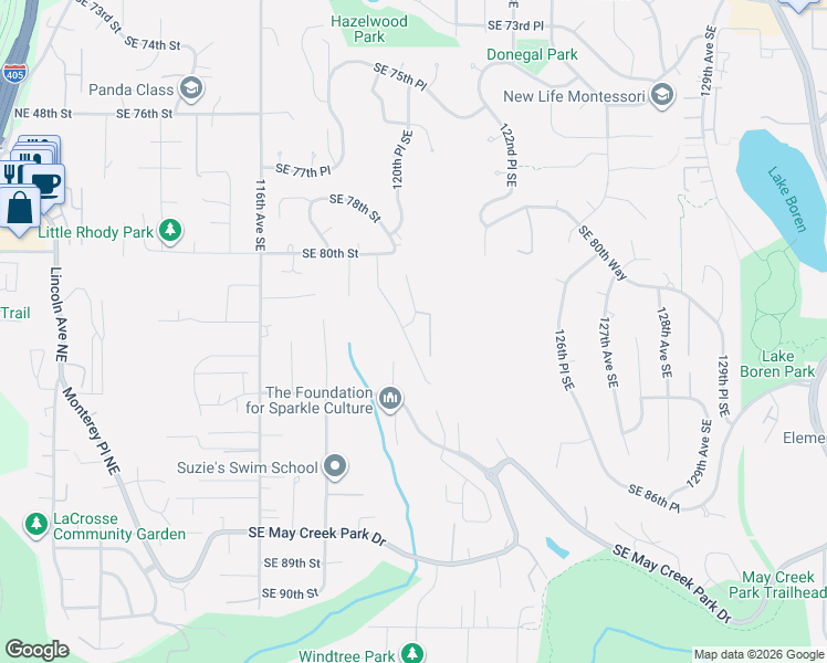 map of restaurants, bars, coffee shops, grocery stores, and more near 8220 121st Avenue Southeast in Newcastle