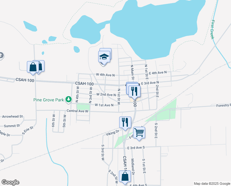 map of restaurants, bars, coffee shops, grocery stores, and more near 104 West 2nd Avenue North in Aurora