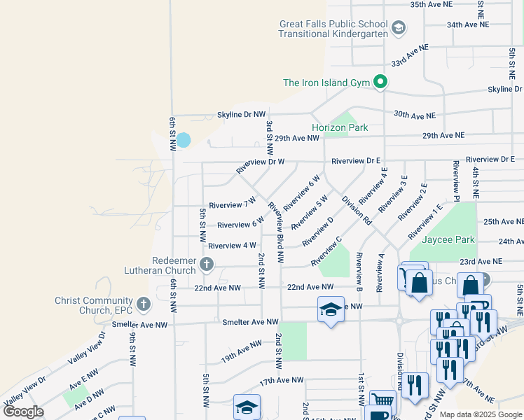 map of restaurants, bars, coffee shops, grocery stores, and more near 317 Riverview 6 West in Great Falls