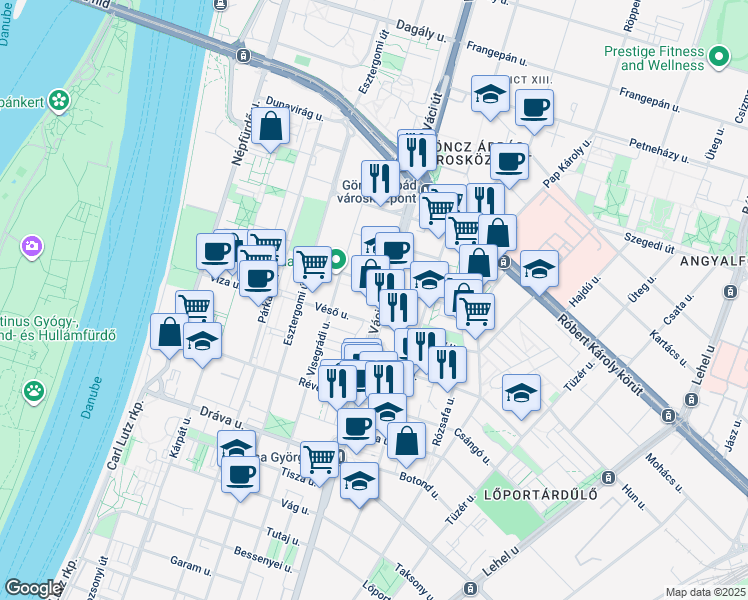 map of restaurants, bars, coffee shops, grocery stores, and more near in Budapest
