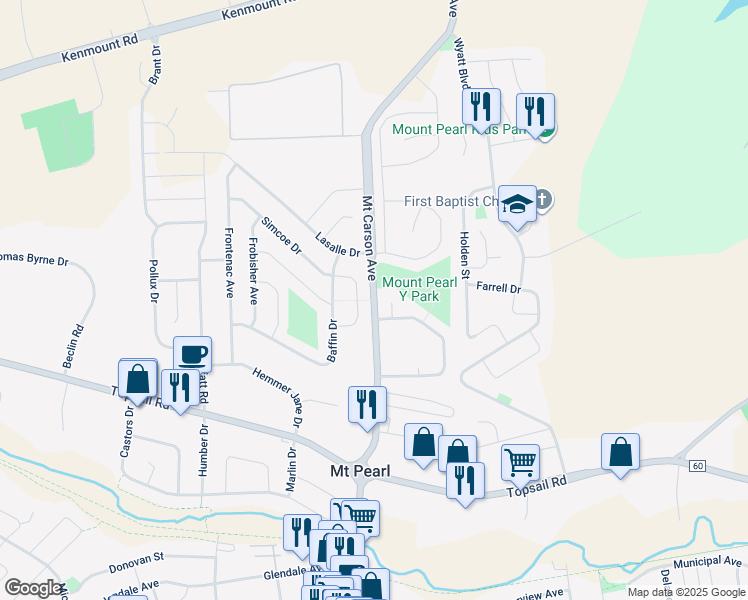map of restaurants, bars, coffee shops, grocery stores, and more near 11 Mount Carson Avenue in Mount Pearl