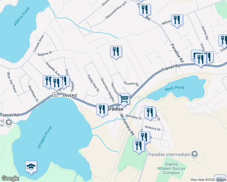 map of restaurants, bars, coffee shops, grocery stores, and more near 9 Harcourt Road in Paradise