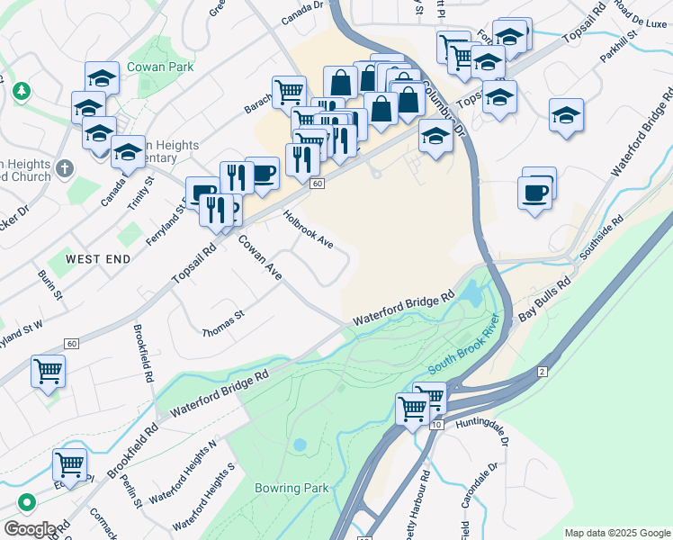 map of restaurants, bars, coffee shops, grocery stores, and more near 50 Holbrook Avenue in St. John's