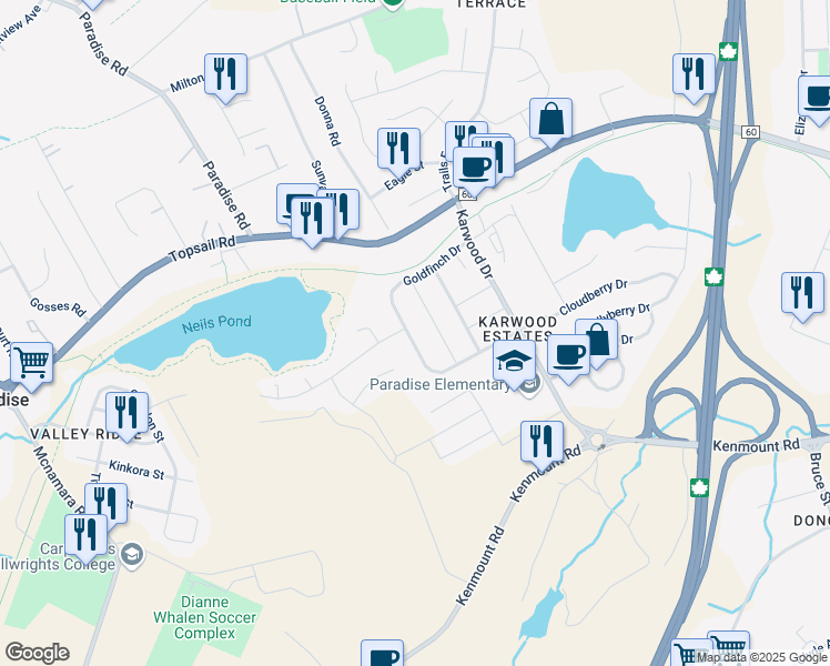 map of restaurants, bars, coffee shops, grocery stores, and more near 45 Goldfinch Drive in Paradise