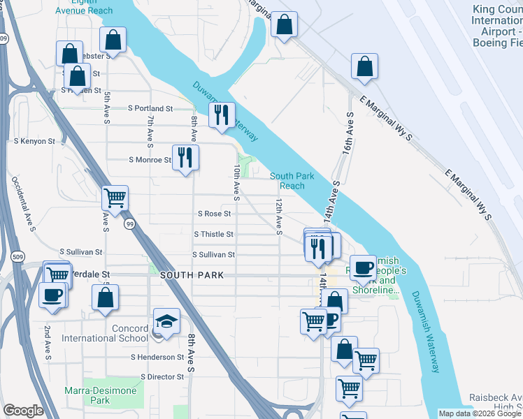 map of restaurants, bars, coffee shops, grocery stores, and more near 8305 Dallas Avenue South in Seattle