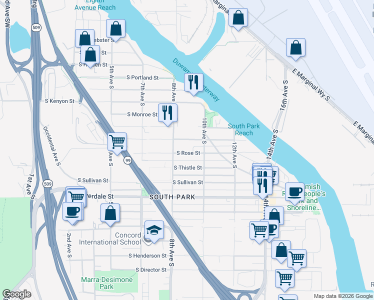 map of restaurants, bars, coffee shops, grocery stores, and more near 819 South Rose Street in Seattle