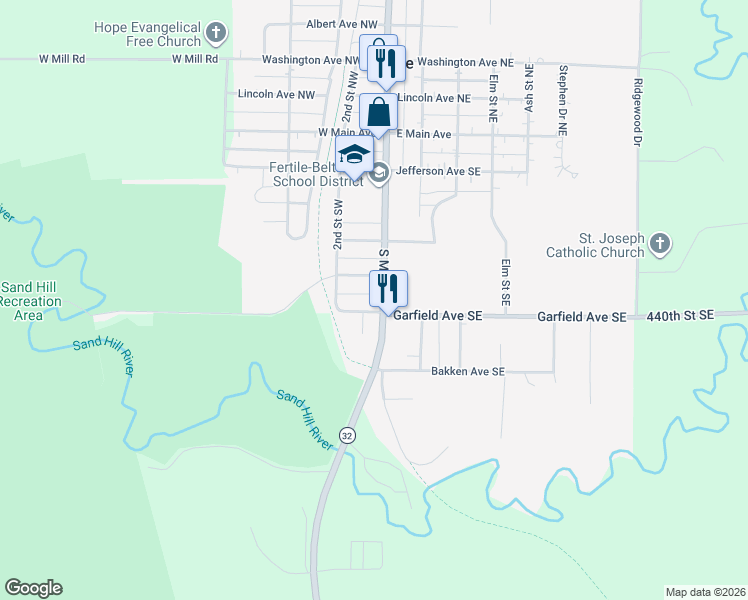 map of restaurants, bars, coffee shops, grocery stores, and more near 509 South Mill Street in Fertile