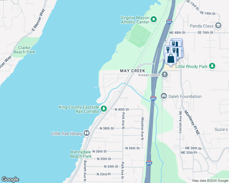 map of restaurants, bars, coffee shops, grocery stores, and more near 4127 North 41st Street in Renton