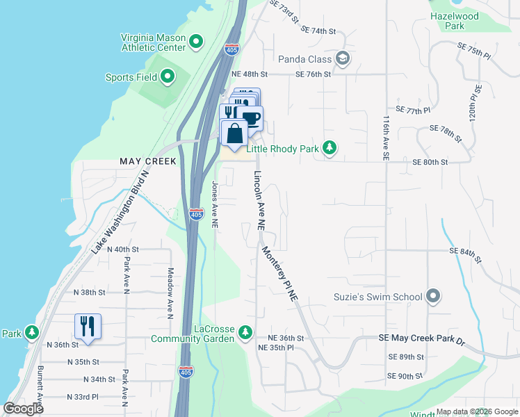 map of restaurants, bars, coffee shops, grocery stores, and more near 4124 Lincoln Avenue Northeast in Renton