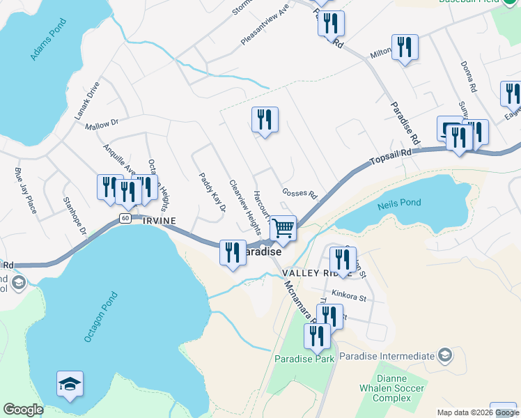 map of restaurants, bars, coffee shops, grocery stores, and more near in Paradise