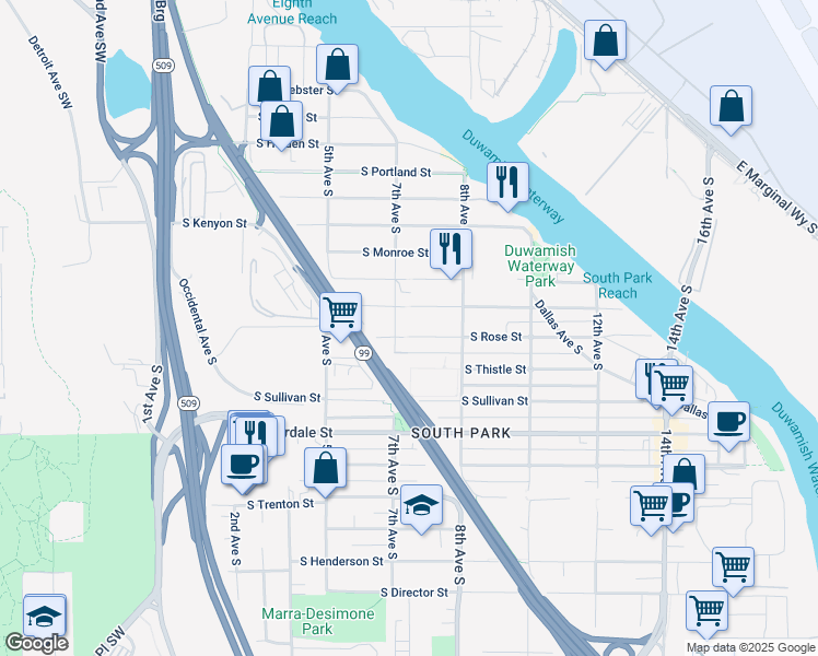 map of restaurants, bars, coffee shops, grocery stores, and more near 708 South Rose Street in Seattle