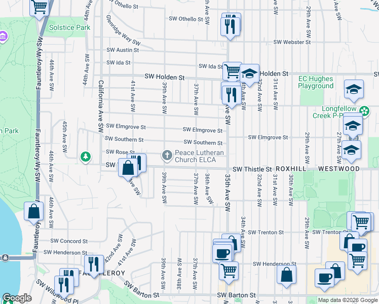map of restaurants, bars, coffee shops, grocery stores, and more near 3725 Southwest Rose Street in Seattle