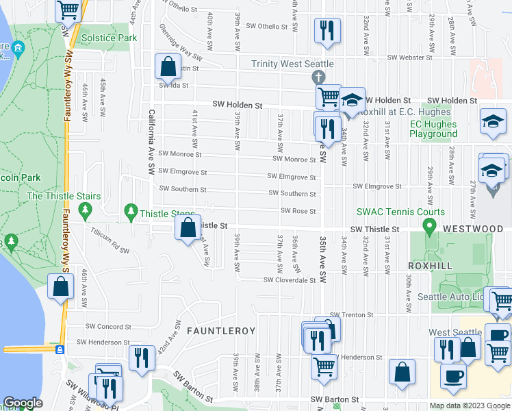 map of restaurants, bars, coffee shops, grocery stores, and more near 3732 Southwest Rose Street in Seattle