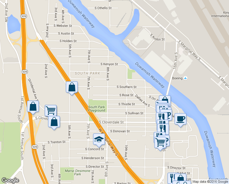 map of restaurants, bars, coffee shops, grocery stores, and more near 819 South Rose Street in Seattle