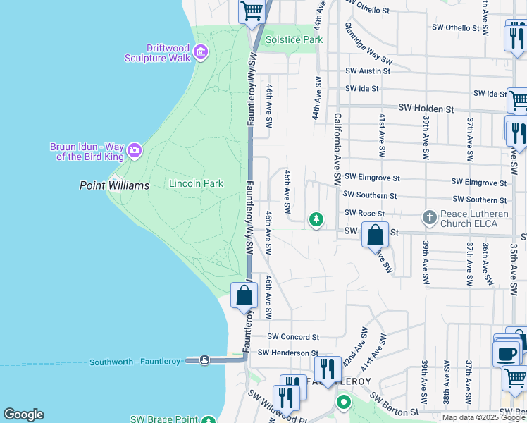 map of restaurants, bars, coffee shops, grocery stores, and more near 8324 Fauntleroy Way Southwest in Seattle