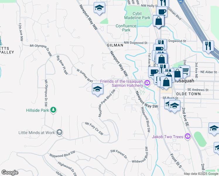 map of restaurants, bars, coffee shops, grocery stores, and more near in Issaquah