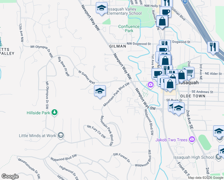 map of restaurants, bars, coffee shops, grocery stores, and more near 200 Mountain Park Boulevard SouthWest in Issaquah