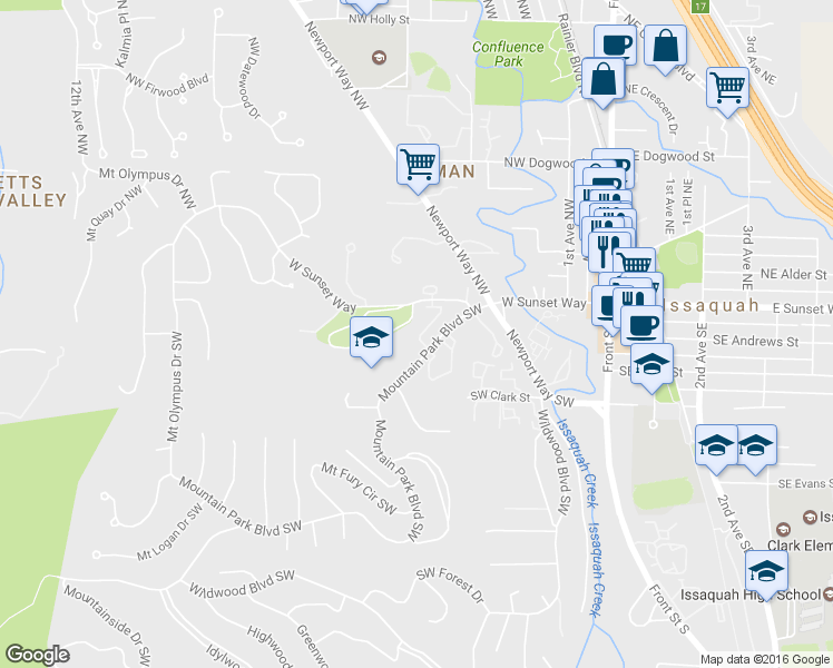 map of restaurants, bars, coffee shops, grocery stores, and more near 206 Mount Park Boulevard Southwest in Issaquah