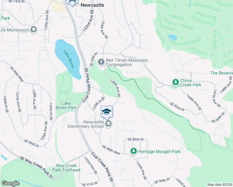 map of restaurants, bars, coffee shops, grocery stores, and more near 8060 136th Avenue Southeast in Newcastle