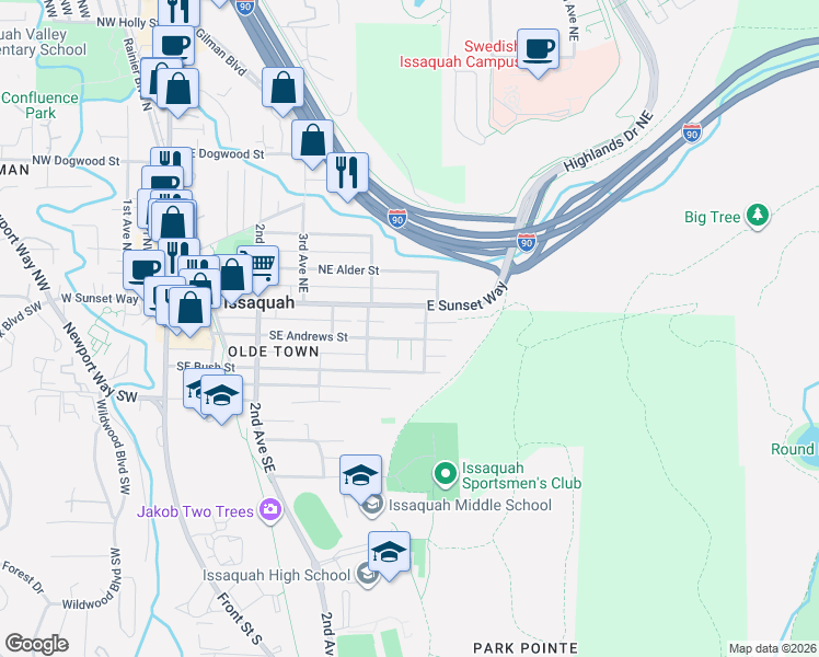 map of restaurants, bars, coffee shops, grocery stores, and more near 570 Southeast Andrews Street in Issaquah