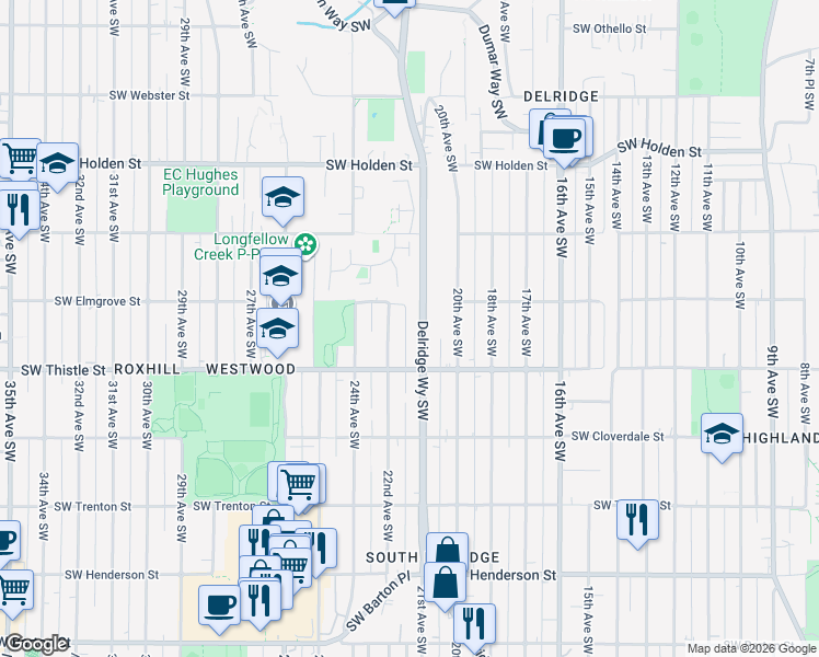 map of restaurants, bars, coffee shops, grocery stores, and more near 8121 Delridge Way Southwest in Seattle