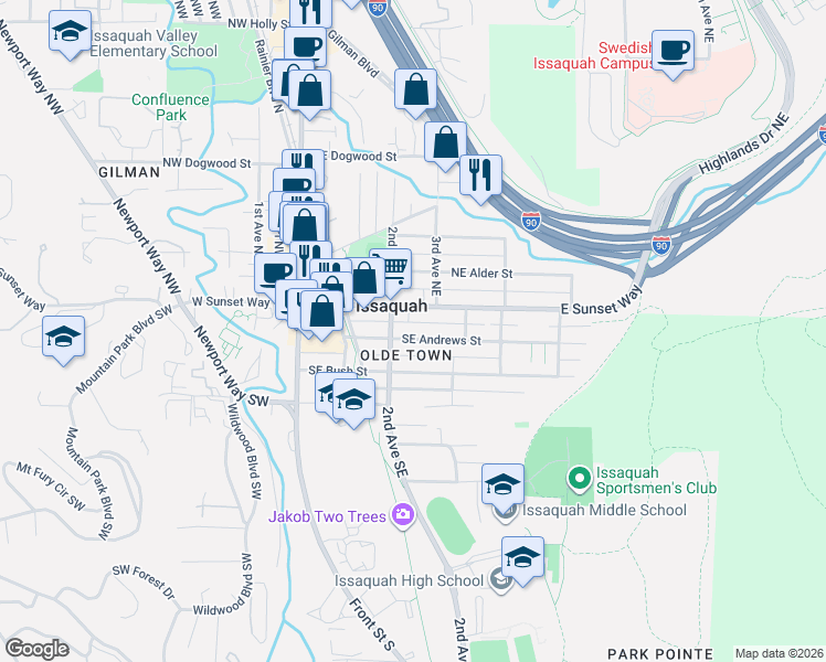 map of restaurants, bars, coffee shops, grocery stores, and more near 235 Southeast Andrews Street in Issaquah