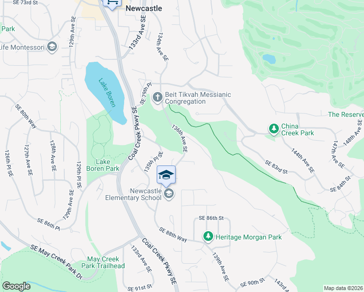 map of restaurants, bars, coffee shops, grocery stores, and more near 8060 136th Avenue Southeast in Newcastle