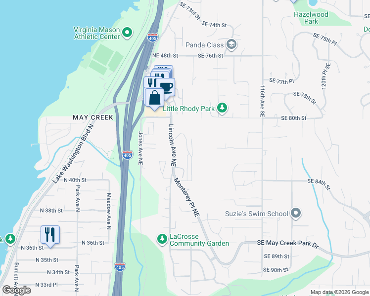 map of restaurants, bars, coffee shops, grocery stores, and more near 4124 Lincoln Avenue Northeast in Renton