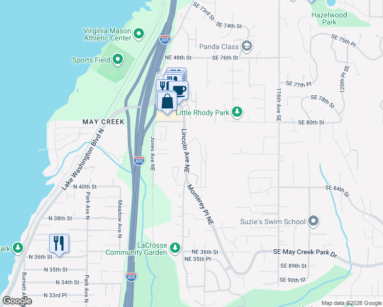 map of restaurants, bars, coffee shops, grocery stores, and more near 4124 Lincoln Avenue Northeast in Renton