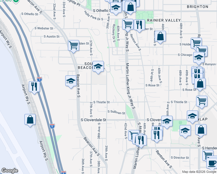 map of restaurants, bars, coffee shops, grocery stores, and more near 3867 South Rose Street in Seattle