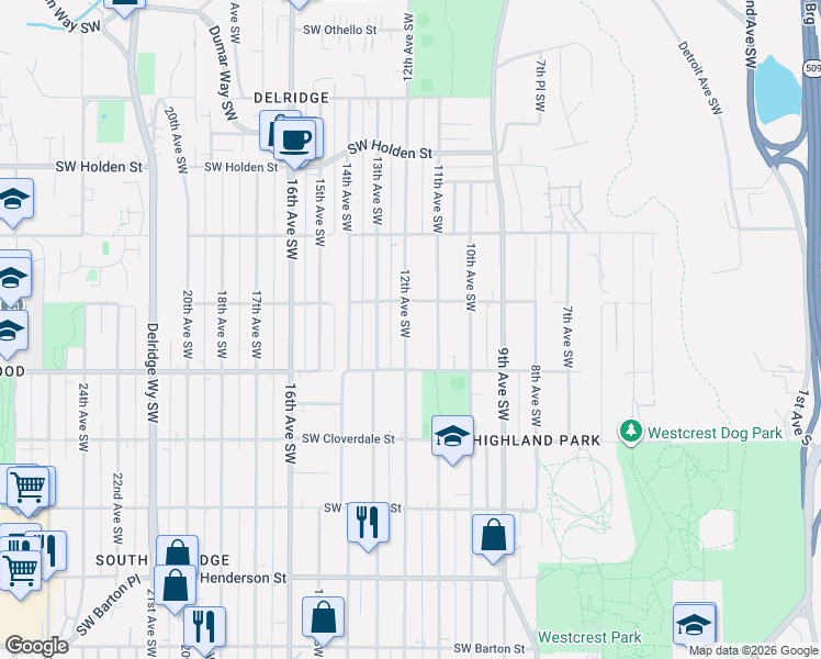 map of restaurants, bars, coffee shops, grocery stores, and more near 8136 12th Avenue Southwest in Seattle
