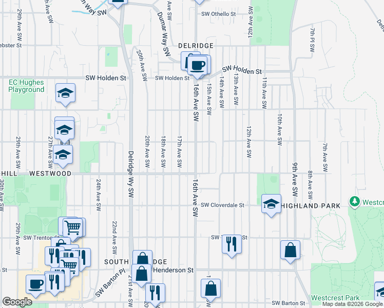 map of restaurants, bars, coffee shops, grocery stores, and more near 8136 16th Avenue Southwest in Seattle