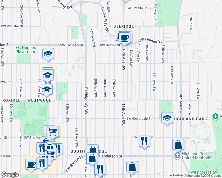 map of restaurants, bars, coffee shops, grocery stores, and more near 8137 17th Avenue Southwest in Seattle