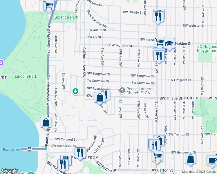 map of restaurants, bars, coffee shops, grocery stores, and more near 3931 Southwest Rose Street in Seattle