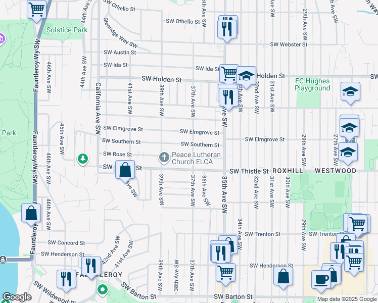 map of restaurants, bars, coffee shops, grocery stores, and more near 8213 37th Avenue Southwest in Seattle